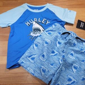 Nwt Boys Size 3T Hurley Kids Swim Set Rashguard T Shirt And Trunks Blue Shark